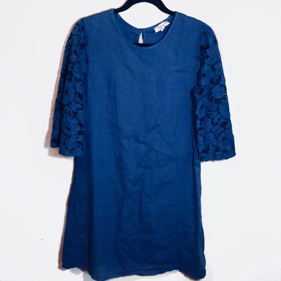 Bellambia Blue Linen Lace Crochet Shift Dress - Picture 1 of 5